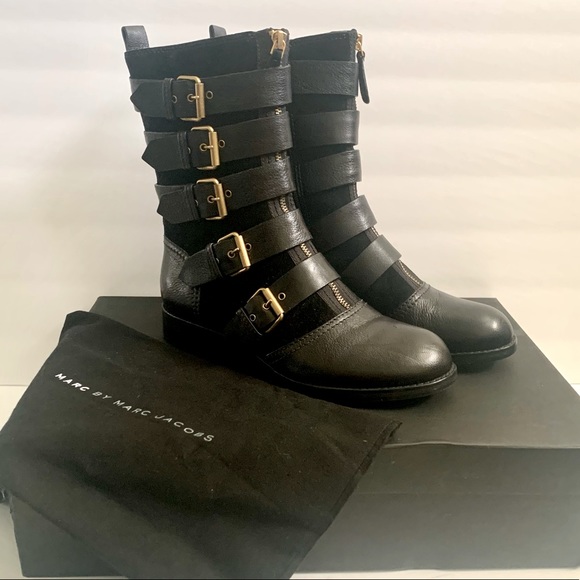 Marc By Marc Jacobs Gold Buckle Black Boots Moto Chic Leather Suede Straps - Picture 1 of 9